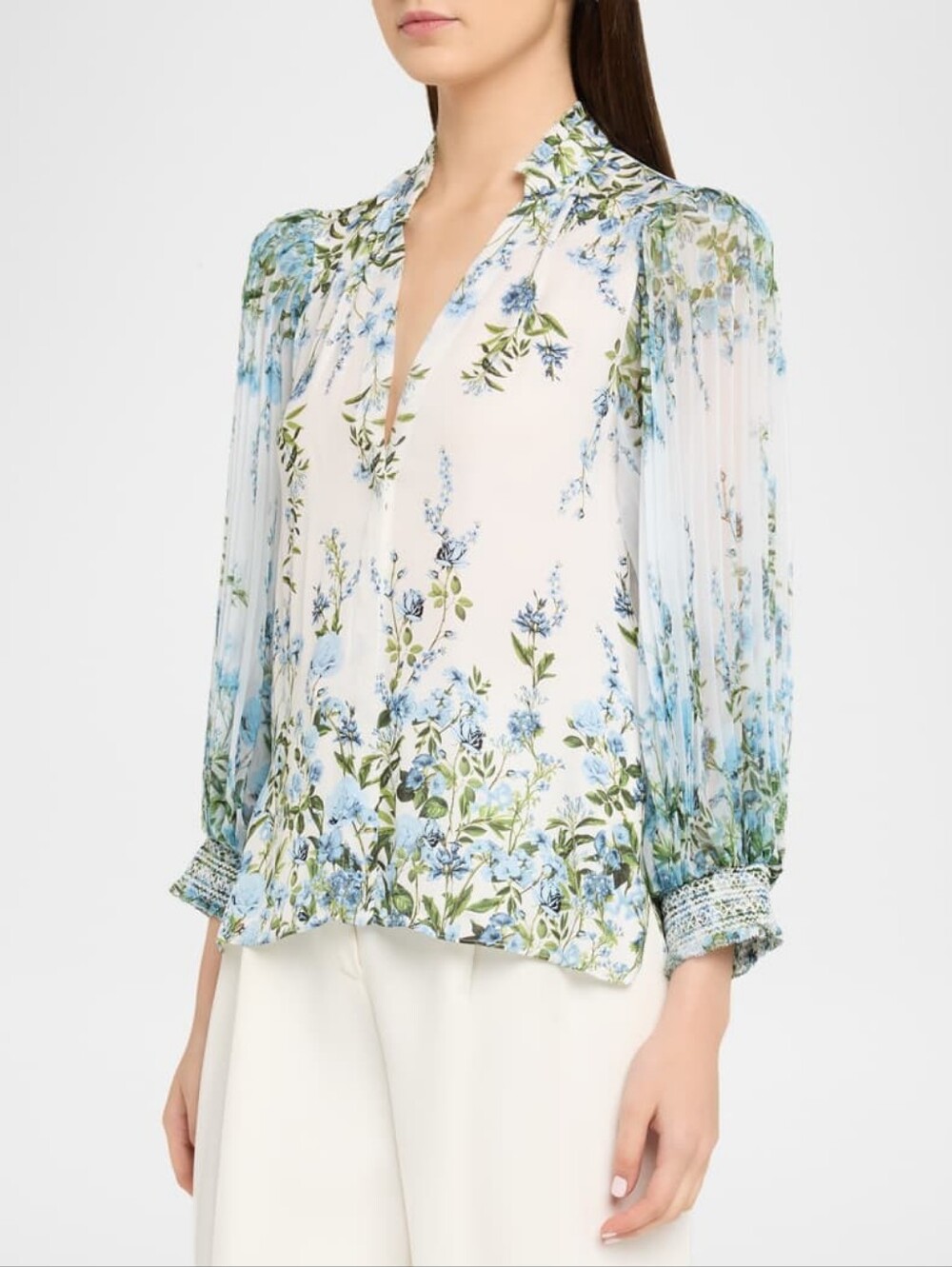 ALICE + OLIVIA Ilan Pleated-Sleeve Blouse